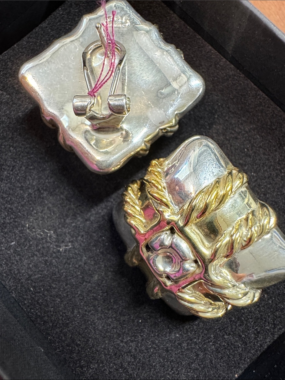 Two-Tone Gold & Silver Rope Square Earrings - Women Jewelry925 Sterling 1980s - Picture 2 of 2
